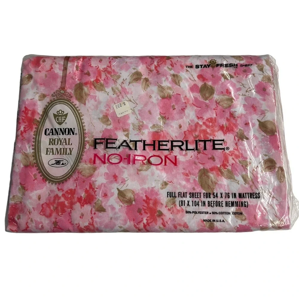 Vintage‎ Cannon Royal Family Full Flat Sheet Pink Floral Featherlite 54 x 76